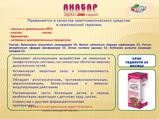 ЭДАС -308 сироп
            Применяется в качестве симптоматического средства
                          в комплексной терапии :
- частых и длительных ОРЗ;
- отитов;          - ангин;
- бронхитов;
- затяжных воспалительных процессов.
Состав: Semecarpus anacardium (анакардиум) C6, Barium carbonicum (бариум карбоникум) C3, Ferrum
phosphoricum (феррум фосфорикум) C3, Arnica montana (арника) C3, Echinacea purpurea (эхинацея
пупурея) С3.

  Оказывает регулирующее воздействие на иммунную и                              СРОК
  лимфатическую системы , на слизистые оболочки верхних                      ГОДНОСТИ 24
  дыхательных путей .                                                          МЕСЯЦА
  Активизирует      защитные     силы     и   сопротивляемость
  организма .
  Обладает антитоксическим , противовоспалительным ,
  жаропонижающим ,   болеутоляющим     и    иммуно -
  модулирующим действием .
  Рекомендован часто болеющим детям в период
  реабилитации , адаптации к детскому саду , школе .
  Совместим с другими фармацевтическими
  препаратами .
          Является натуральным адаптогеном и
                  иммуномодулятором .
 