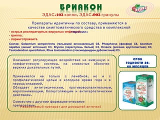 ЭДАС -103 капли , ЭДАС -903 гранулы

              Препараты идентичны по составу , применяются в
            качестве симптоматического средства в комплексной
                                   терапии :
- острых респираторных вирусных инфекций;
- гриппа;
- ларинготрахеита.
Состав: Gelsemium sempervirens (гельземий вечнозеленый) С6, Phosphorus (фосфор) С6, Aconitum
napellus (аконит аптечный) С3, Bryonia (переступень белый) С3, Drosera (росянка круглолистная) С3,
Toxicodendron quercifolium, Rhus toxicodendron (токсикодендрон дуболистный) С3.


  Оказывает регулирующее воздействие на иммунную и                                 СРОК
  лимфатическую системы , на слизистые оболочки                                ГОДНОСТИ 36-
  верхних дыхательных путей .                                                   60 МЕСЯЦЕВ


  Применяется    не   только    с  лечебной , но   и  с
  профилактической целью в холодное время года и в
  период эпидемий .
  Обладает    антитоксическим ,   противовоспалительным ,
  жаропонижающим , болеутоляющим и антигерпетическим
  действием .

  Совместим с другими фармацевтическими
  препаратами .
      Незаменимый препарат для домашней аптечки !
 