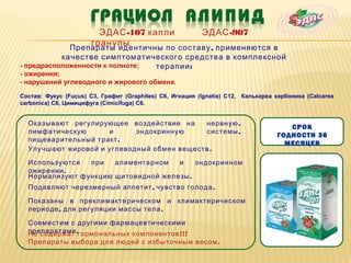 ЭДАС -107 капли                   ЭДАС -907
                      гранулы
             Препараты идентичны по составу , применяются в
           качестве симптоматического средства в комплексной
- предрасположенности к полноте; терапии :
- ожирения;
- нарушений углеводного и жирового обмена.

Состав: Фукус (Fucus) C3, Графит (Graphites) C6, Игнация (Ignatia) C12, Калькареа карбоника (Calcarea
carbonica) С6, Цимицифуга (Сimicifuga) C6.


  Оказывают регулирующее воздействие на     нервную ,
                                                                                     СРОК
  лимфатическую      и      эндокринную      системы ,
                                                                                  ГОДНОСТИ 36
  пищеварительный тракт .
                                                                                    МЕСЯЦЕВ
  Улучшают жировой и углеводный обмен веществ .

  Используются  при   алиментарном   и    эндокринном
  ожирении .
  Нормализуют функцию щитовидной железы .
  Подавляют черезмерный аппетит , чувство голода .

  Показаны в преклимактерическом и климактерическом
  периоде , для регуляции массы тела .

  Совместим с другими фармацевтическими
  препаратами .гормональных компонентов !!!
  Не содержат
  Препараты выбора для людей с избыточным весом .
 