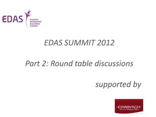 EDAS SUMMIT 2012

Part 2: Round table discussions

                    supported by
 