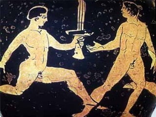 Eren unes festes gregues que se celebraven cada quatre anys a Olímpia, van durar més d’11segles! Tenien un caràcter religiós, cultural i esportiu Els atletes participants havien de ser homes, grecs, de condició lliure, no culpables de cap crim ni afectats per cap maledicció religiosa. Arribaven espectadors provinents de tota la Mediterrània i de totes les classes socials, des de prínceps fins a pobres…. 