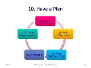 10. Have a Plan




3/20/12     T4T: Creating a Social Media Plan   20
 