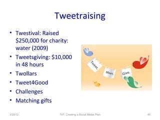 Tweetraising
• Twestival: Raised
  $250,000 for charity:
  water (2009)
• Tweetsgiving: $10,000
  in 48 hours
• Twollars
• Tweet4Good
• Challenges
• Matching gifts

3/20/12           T4T: Creating a Social Media Plan   40
 