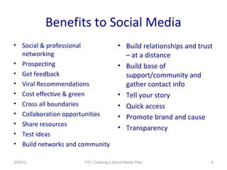 Benefits to Social Media
• Social & professional                 • Build relationships and trust
  networking                              – at a distance
• Prospecting                           • Build base of
• Get feedback                            support/community and
• Viral Recommendations                   gather contact info
• Cost effective & green                • Tell your story
• Cross all boundaries                  • Quick access
• Collaboration opportunities           • Promote brand and cause
• Share resources
                                        • Transparency
• Test ideas
• Build networks and community

3/20/12               T4T: Creating a Social Media Plan               6
 