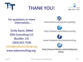 THANK YOU!

    For questions or more
         information…                    www.edaconsultingcafe.org/blog


    Emily Davis, MNM                     http://twitter.com/edaconsulting
   EDA Consulting LLC
       Boulder, CO
                                        www.facebook.com/edaconsulting
      (303) 652-7536
 emily@edaconsulting.org
                                      http://www.linkedin.com/in/edacons
 www.edaconsulting.org                                ulting


3/20/12              T4T: Creating a Social Media Plan                      68
 
