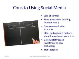 Cons to Using Social Media
                                    • Loss of control
                                    • Time investment (training,
                                      maintenance )
                                    • New communication
                                      structure
                                    • Ideas and opinions that are
                                      shared may change over time
                                    • Getting staff/board
                                      investment in new
                                      technology
                                    • Transparency

3/20/12           T4T: Creating a Social Media Plan             7
 