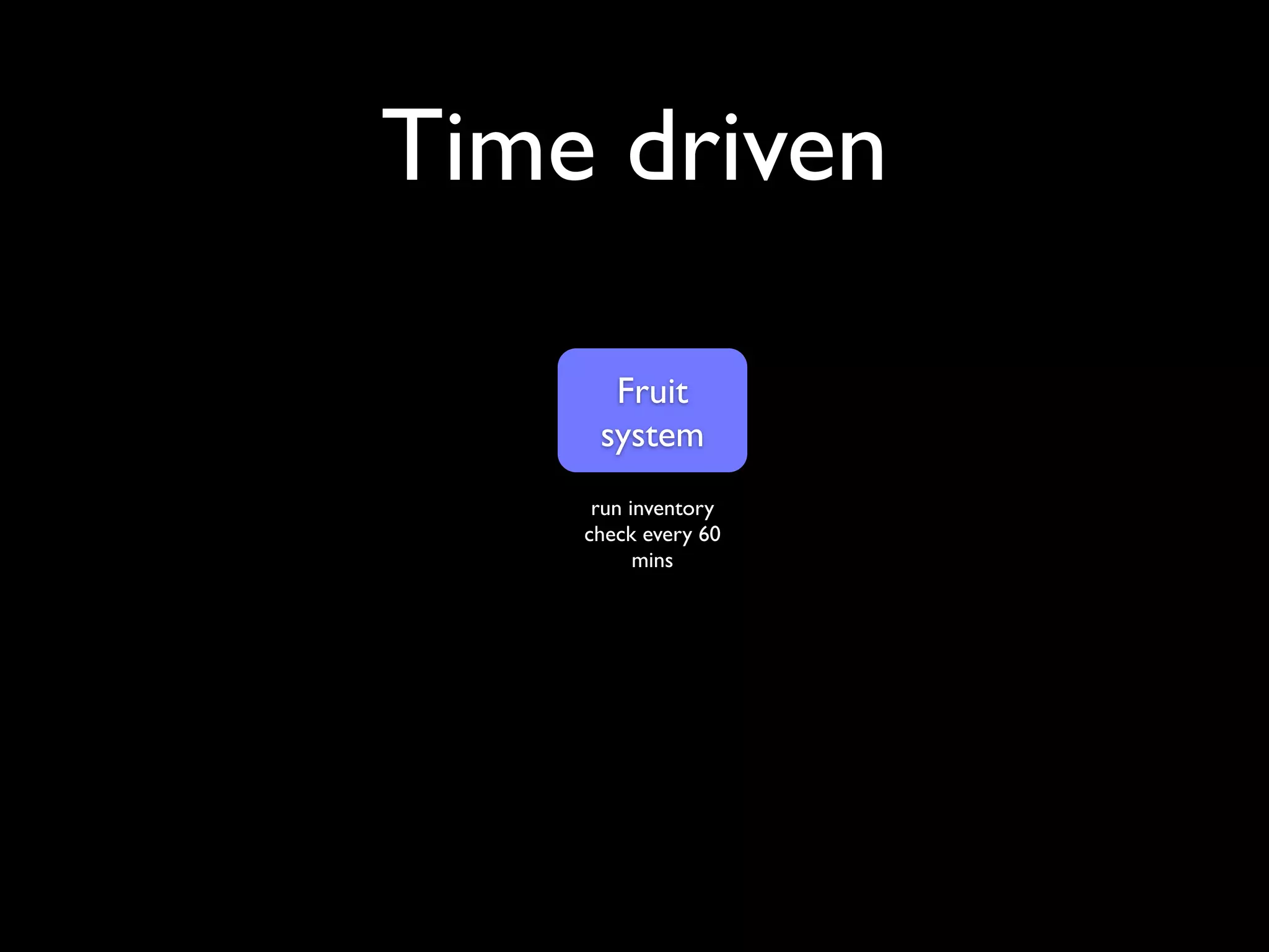 Time driven

        Fruit
       system

 run inventory check
    every 60 mins
 