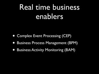 What to tell your
        manager

• SOA+EDA will reduce time-to-market for
  new functionality
• SOA+EDA will enable a layer of high-value
  services that have a visible impact on the
  bottom line of the business
 