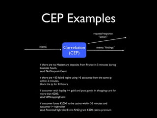 Complex Event
      Processing (CEP)

• Receives domain events
• Performs event correlation using a QL
• Fires domain events (“ﬁndings”)
 