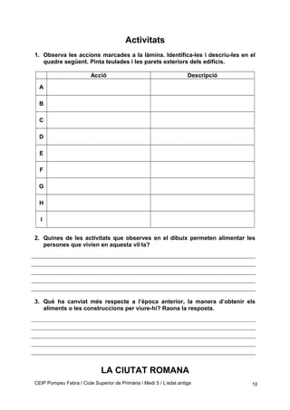 Activitats
1. Observa les accions marcades a la làmina. Identifica-les i descriu-les en el
quadre següent. Pinta teulades i les parets exteriors dels edificis.
Acció Descripció
A
B
C
D
E
F
G
H
I
2. Quines de les activitats que observes en el dibuix permeten alimentar les
persones que vivien en aquesta vil·la?
3. Què ha canviat més respecte a l’època anterior, la manera d’obtenir els
aliments o les construccions per viure-hi? Raona la resposta.
LA CIUTAT ROMANA
CEIP Pompeu Fabra / Cicle Superior de Primària / Medi 5 / L’edat antiga 10
 