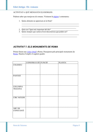Edat Antiga: Els romans
ACTIVITAT 6. QUÈ MENJAVEN ELS ROMANS
Podrem saber que menjaven els romans. Visitarem la pàgina i contestareu:
1. Quins aliments no apareixen en la llista?
_____________________________________________________________
_____________________________________________________________
__________________________________________________________
2. Quin era l’àpat més important del dia? _____________________________
3. Quins menjars que surten al text desconeixeu que poden ser?
_____________________________________________________________
___________________________________________________________

ACTIVITAT 7. ELS MONUMENTS DE ROMA
Primer farem una visita virtual a Roma. Passejarem pels principals monuments de
Roma. Hauràs d’omplir el següent quadre:

CONSTRUCCIÓ FUNCIÓ

PLANTA

COLISSEU

PANTEÓ

COLUMNA
TRAJANA

CIRC MÀXIM

ARC DE
CONSTANTÍ

Nom de l’alumne

Pàgina 9

 