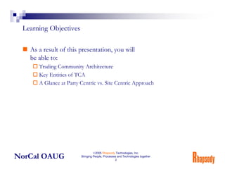 Learning Objectives

   As a result of this presentation, you will
   be able to:
      Trading Community Architecture
   ...