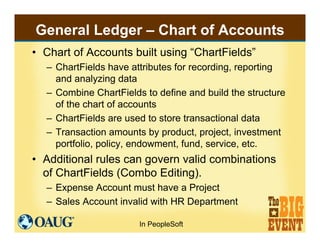 General Ledger – Chart of Accounts
• Chart of Accounts built using “ChartFields”
  – ChartFields have attributes for recor...