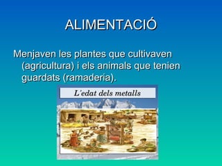 ALIMENTACIÓALIMENTACIÓ
Menjaven les plantes que cultivavenMenjaven les plantes que cultivaven
(agricultura) i els animals que tenien(agricultura) i els animals que tenien
guardats (ramaderia).guardats (ramaderia).
 