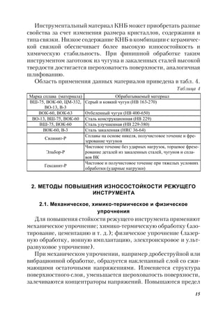 15
Инструментальный материал КНБ может приобретать разные
свойства за счет изменения размера кристаллов, содержания и
типа связки. Низкое содержание КНБ в комбинации с керамичес-
кой связкой обеспечивает более высокую износостойкость и
химическую стабильность. При финишной обработке таким
инструментом заготовок из чугуна и закаленных сталей высокой
твердости достигается шероховатость поверхности, аналогичная
шлифованию.
Область применения данных материалов приведена в табл. 4.
Таблица 4
2. МЕТОДЫ ПОВЫШЕНИЯ ИЗНОСОСТОЙКОСТИ РЕЖУЩЕГО
ИНСТРУМЕНТА
2.1. Механическое, химико-термическое и физическое
упрочнения
Для повышения стойкости режущего инструмента применяют
механическое упрочнение; химико-термическую обработку (азо-
тирование, цементацию и т. д.); физическое упрочнение (лазер-
ную обработку, ионную имплантацию, электроискровое и ульт-
развуковое упрочнение).
При механическом упрочнении, например дробеструйной или
вибрационной обработке, образуется наклепанный слой со сжи-
мающими остаточными напряжениями. Изменяется структура
поверхностного слоя, уменьшается шероховатость поверхности,
залечиваются концентраторы напряжений. Повышаются предел
Марка сплава (материала) Обрабатываемый материал
ВШ-75, ВОК-60, ЦМ-332,
ВО-13, В-3
Серый и ковкий чугун (НВ 163-270)
ВОК-60, ВОК-63 Отбеленный чугун (НВ 400-650)
ВО-13, ВШ-75, ВОК-60 Сталь конструкционная (НВ 229)
ВШ-75, ВОК-60 Сталь улучшенная (НВ 229-380)
ВОК-60, В-3 Сталь закаленная (HRC 36-64)
Силинит-Р
Сплавы на основе никеля, получистовое точение и фре-
зерование чугунов
Эльбор-Р
Чистовое точение без ударных нагрузок, торцевое фрезе-
рование деталей из закаленных сталей, чугунов и спла-
вов ВК
Гексанит-Р
Чистовое и получистовое точение при тяжелых условиях
обработки (ударные нагрузки)
 