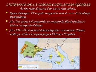 L’EXPANSIÓ DE LA CORONA CATALANOARAGONESA
              El nou regne disposava d’un exèrcit molt poderós.
   Ramón Berenguer IV va poder conquerir la resta de terres de Catalunya
    als musulmans.
   Al s XIII Jaume I el conqueridor va conquerir les illes de Mallorca i
    Eivissa i el regne de València.
   Als s XIV i XV la corona catalanoaragonesa va incorporar Nàpols,
    Sardenya, Sicília i les regions gregues d’Atenes i Neopàtria
 
