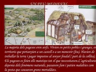 UN FEU MEDIEVAL




La majoria dels pagesos eren serfs. Vivien en petits pobles i granges, en
territoris que pertanyien a un castell o a un monestir (feu). Havien de
treballar la terra i pagar impostos al senyor feudal ( part de la collita).
Els pagesos es feien ells mateixos tot el que necessitaven.L’agricultura
depenia dels fenòmens naturals, passaven fam i patien malalties com
la pesta que causaven grans mortaldats.
 