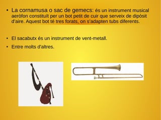 ● La cornamusa o sac de gemecs: és un instrument musical
aeròfon constituït per un bot petit de cuir que serveix de dipòsit
d’aire. Aquest bot té tres forats, on s’adapten tubs diferents.
● El sacabutx és un instrument de vent-metall.
● Entre molts d'altres.
 