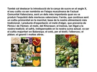 També cal destacar la introducció de la canya de sucre en el segle X,
el seu cultiu va ser nombrós en l'etapa musulmana de l'actual
Comunitat Valenciana, sent un dels més importants quan es va
produir l'expulsió dels moriscos valencians; l'arròs, que continua sent
un cultiu primordial en la marchal, base de la nostra alimentació més
tradicional, i producte d'exportació; el meló d'alger, que provenia de
Pèrsia i de l'Iemen; el meló, del Khorasan; el tramús, tan lligat a la
nostra tradició; el safrà, indispensable en la nostra cuina actual, va ser
el cultiu majoritari en Balansiya; el cotó, per al tèxtil; l'albercoc; el
plàtan; el gesmil i moltes altres.

 