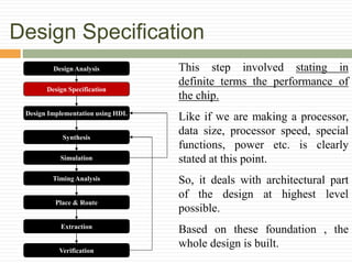 Design Specification
Design Analysis
Design Specification
Synthesis
Design Implementation using HDL
Simulation
Timing Analysis
Place & Route
Extraction
Verification
This step involved stating in
definite terms the performance of
the chip.
Like if we are making a processor,
data size, processor speed, special
functions, power etc. is clearly
stated at this point.
So, it deals with architectural part
of the design at highest level
possible.
Based on these foundation , the
whole design is built.
 