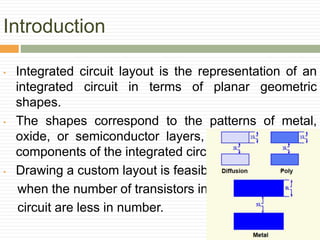 Introduction
• Integrated circuit layout is the representation of an
integrated circuit in terms of planar geometric
shapes.
• The shapes correspond to the patterns of metal,
oxide, or semiconductor layers, that make up the
components of the integrated circuit.
• Drawing a custom layout is feasible
when the number of transistors in
circuit are less in number.
 