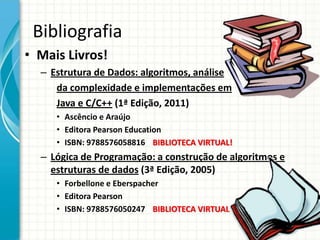 Bibliografia
• Mais Livros!
– Estrutura de Dados: algoritmos, análise
da complexidade e implementações em
Java e C/C++ (1ª Edição, 2011)
• Ascêncio e Araújo
• Editora Pearson Education
• ISBN: 9788576058816 BIBLIOTECA VIRTUAL!
– Lógica de Programação: a construção de algoritmos e
estruturas de dados (3ª Edição, 2005)
• Forbellone e Eberspacher
• Editora Pearson
• ISBN: 9788576050247 BIBLIOTECA VIRTUAL!
 