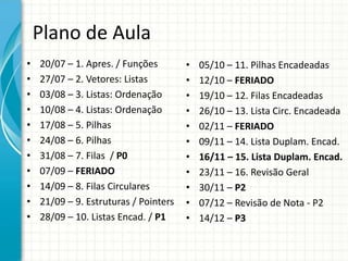 Plano de Aula
• 20/07 – 1. Apres. / Funções
• 27/07 – 2. Vetores: Listas
• 03/08 – 3. Listas: Ordenação
• 10/08 – 4. Listas: Ordenação
• 17/08 – 5. Pilhas
• 24/08 – 6. Pilhas
• 31/08 – 7. Filas / P0
• 07/09 – FERIADO
• 14/09 – 8. Filas Circulares
• 21/09 – 9. Estruturas / Pointers
• 28/09 – 10. Listas Encad. / P1
• 05/10 – 11. Pilhas Encadeadas
• 12/10 – FERIADO
• 19/10 – 12. Filas Encadeadas
• 26/10 – 13. Lista Circ. Encadeada
• 02/11 – FERIADO
• 09/11 – 14. Lista Duplam. Encad.
• 16/11 – 15. Lista Duplam. Encad.
• 23/11 – 16. Revisão Geral
• 30/11 – P2
• 07/12 – Revisão de Nota - P2
• 14/12 – P3
 