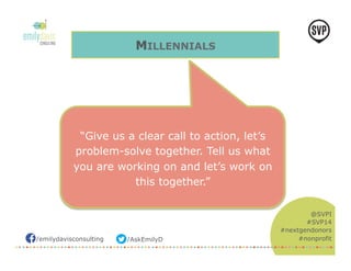 /emilydavisconsulting /AskEmilyD 
@SVPI 
#SVP14 
#nextgendonors 
#nonprofit 
MILLENNIALS 
“Give us a clear call to action, let’s 
problem-solve together. Tell us what 
you are working on and let’s work on 
this together.” 
 
