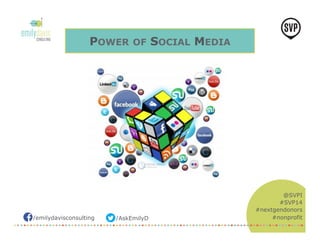 /emilydavisconsulting /AskEmilyD 
@SVPI 
#SVP14 
#nextgendonors 
#nonprofit 
POWER OF SOCIAL MEDIA 
 