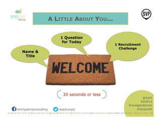 /emilydavisconsulting /AskEmilyD 
@SVPI 
#SVP14 
#nextgendonors 
#nonprofit 
30 seconds or less 
Name & 
Title 
1 Question 
for Today 
1 Recruitment 
Challenge 
A LITTLE ABOUT YOU… 
 