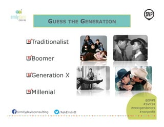 ✔ 
✔ 
✔ 
✔ 
/emilydavisconsulting /AskEmilyD 
@SVPI 
#SVP14 
#nextgendonors 
#nonprofit 
GUESS THE GENERATION 
q Traditionalist 
q Boomer 
q Generation X 
q Millenial 
 