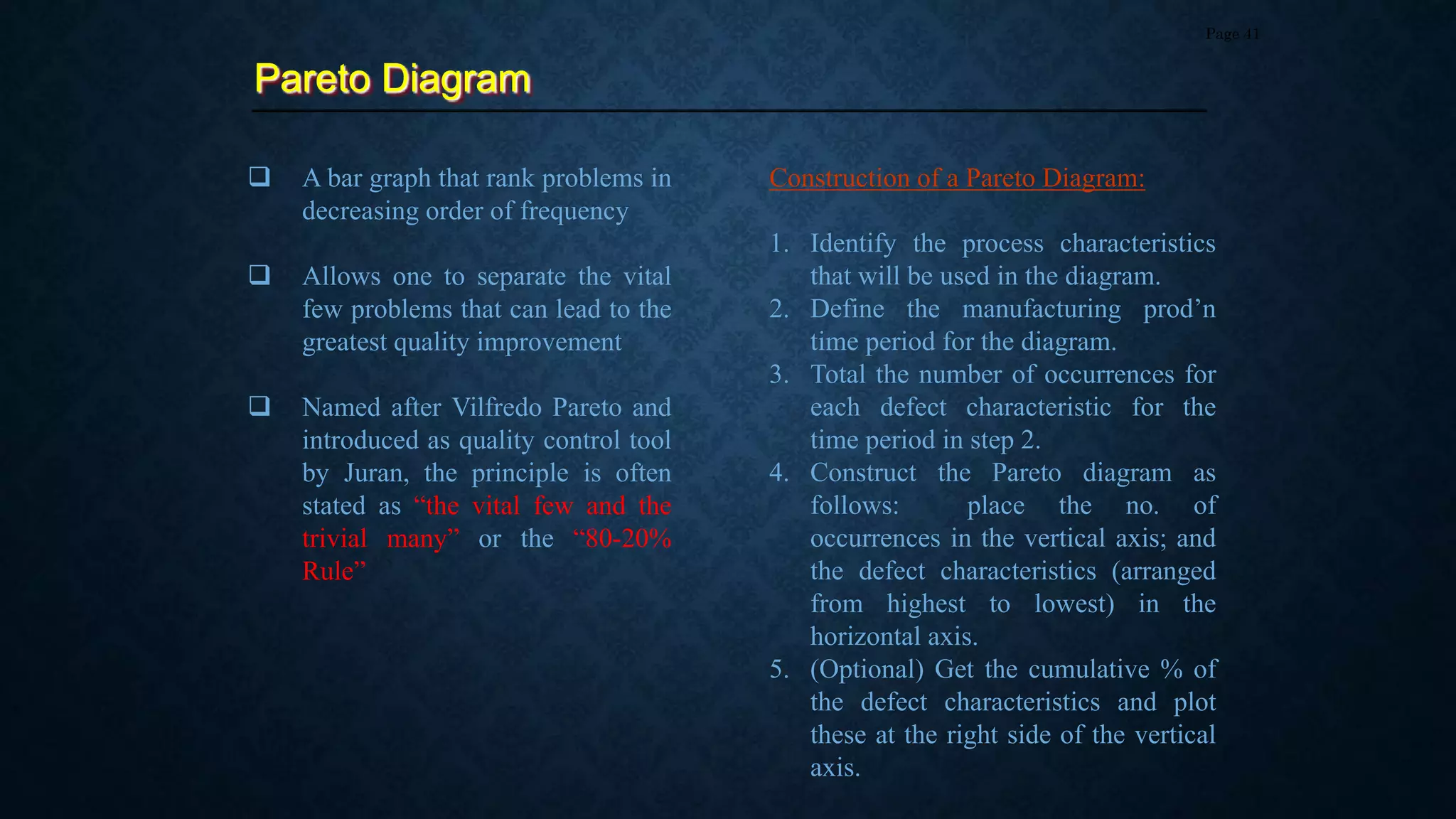 Pareto Diagram
Page 41
 A bar graph that rank problems in
decreasing order of frequency
 Allows one to separate the vital
few problems that can lead to the
greatest quality improvement
 Named after Vilfredo Pareto and
introduced as quality control tool
by Juran, the principle is often
stated as “the vital few and the
trivial many” or the “80-20%
Rule”
Construction of a Pareto Diagram:
1. Identify the process characteristics
that will be used in the diagram.
2. Define the manufacturing prod’n
time period for the diagram.
3. Total the number of occurrences for
each defect characteristic for the
time period in step 2.
4. Construct the Pareto diagram as
follows: place the no. of
occurrences in the vertical axis; and
the defect characteristics (arranged
from highest to lowest) in the
horizontal axis.
5. (Optional) Get the cumulative % of
the defect characteristics and plot
these at the right side of the vertical
axis.
 