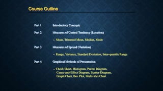 Part 1 Introductory Concepts
Part 2 Measures of Central Tendency (Location)
- Mean, Trimmed Mean, Median, Mode
Part 3 Measures of Spread (Variation)
- Range, Variance, Standard Deviation, Inter-quartile Range
Part 4 Graphical Methods of Presentation
- Check Sheet, Histogram, Pareto Diagram,
Cause-and-Effect Diagram, Scatter Diagram,
Graph/Chart, Box Plot, Multi-Vari Chart
Course Outline
Page 11
 