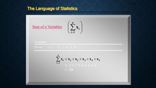 The Language of Statistics
Page 20
Sum of n Variables










n
1
i
i
x
5
4
3
2
1
5
1
i
i x
x
x
x
x
x 






Example:
Given: xi : 5, 7, 4, 4, 9
= 5 + 7 + 4 + 4 + 9
= 29
 