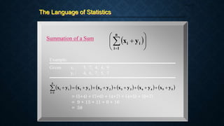 The Language of Statistics
Page 23
Summation of a Sum  










n
1
i
i
i y
x
Example:
           
5
5
4
4
3
3
2
2
1
1
5
1
i
i
i y
x
y
x
y
x
y
x
y
x
y
x 












Given: xi : 5, 7, 4, 4, 9
yi : 4, 6, 7, 5, 7
= (5+4) + (7+6) + (4+7) + (4+5) + (9+7)
= 9 + 13 + 11 + 9 + 16
= 58
 