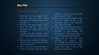 Box Plot
Page 51
Construction of a Box Plot:
1. Determine the lower quartile (Q1)
from the data set. This value
determines the bottom edge of the
rectangle.
2. Determine the upper quartile (Q3)
from the data set. This value
determines the upper edge of the
rectangle.
3. Calculate the IQR (Q3-Q1). This
defines the length of the rectangle or
box.
4. Determine the median M from the
data set. This is represented as a line
within the box plot.
5. Draw a line out of the top edge of
the box. The length of this line is the
minimum value of the maximum
data value or Q3+IQR
 Draw a line out of the bottom of the
box. The length of this is the
maximum value of the minimum
data value or Q1-IQR.
 Values that fall inside the range of
Q1-1.5(IQR) to Q1-IQR or from
Q3+IQR to Q3+1.5(IQR) are
indicated by 0. This occurs about 1
out of 20 times in a normal dist’n.
 Values that are less than Q1-
1.5(IQR) or greater than
Q3+1.5(IQR) are indicated by a dot
or an asterisk (*) on the plot. These
values occur about 1 out of 200
times in a normal dist’n.
 