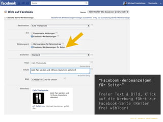 “Facebook-Werbeanzeigen
für Seiten”

Freier Text & Bild, Klick
auf die Werbung führt zur
Facebook-Seite (Reiter
frei wählbar)
                     die.socialisten.at
             social network development
 