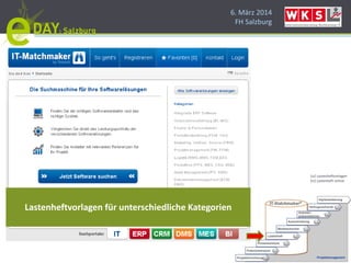 6. März 2014
FH Salzburg
Lastenheftvorlagen für unterschiedliche Kategorien
1v2 Lastenheftvorlagen
2v2 Lastenheft online
 