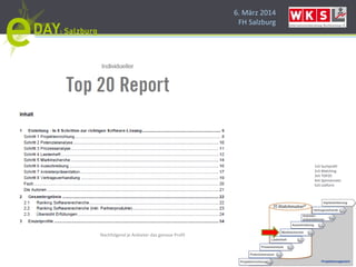 6. März 2014
FH Salzburg
Nachfolgend je Anbieter das genaue Profil
1v5 Suchprofil
2v5 Matching
3v5 TOP20
4v5 Spinnennetz
5v5 Listform
 