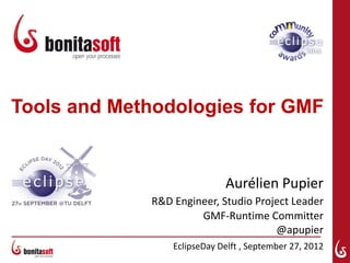 Tools and Methodologies for GMF


                             Aurélien Pupier
             R&D Engineer, Studio Project Leader
                      GMF-Runtime Committer
                                      @apupier
                 EclipseDay Delft , September 27, 2012
 