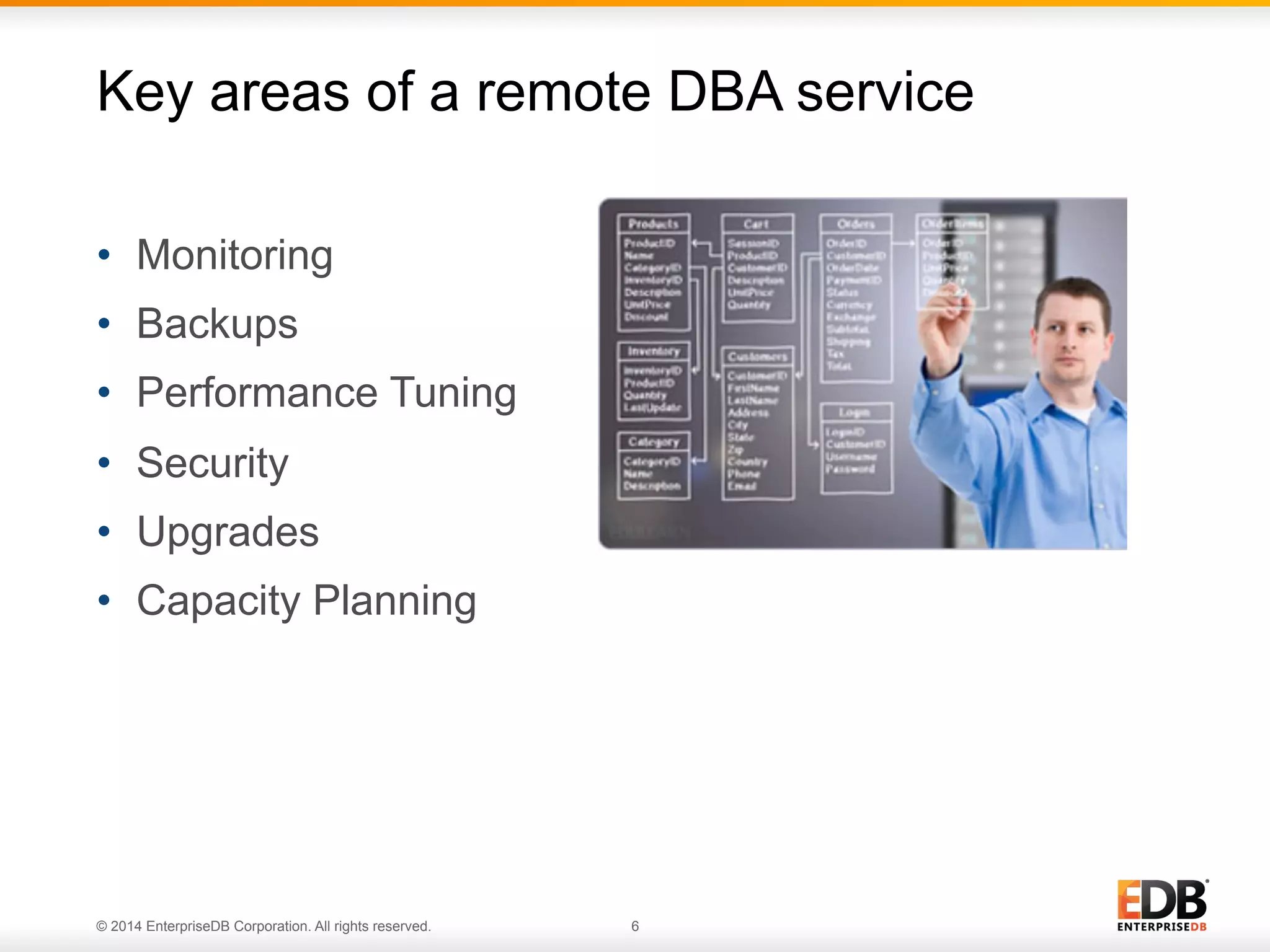 © 2014 EnterpriseDB Corporation. All rights reserved. 6
•  Monitoring
•  Backups
•  Performance Tuning
•  Security
•  Upgrades
•  Capacity Planning
Key areas of a remote DBA service
 