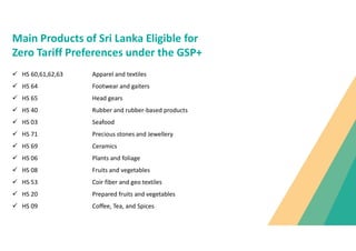 Main Products of Sri Lanka Eligible for
Zero Tariff Preferences under the GSP+
? HS 60,61,62,63 Apparel and textiles
? HS 64 Footwear and gaiters
? HS 65 Head gears
? HS 40 Rubber and rubber-based products
? HS 03 Seafood
? HS 71 Precious stones and Jewellery
? HS 69 Ceramics
? HS 06 Plants and foliage
? HS 08 Fruits and vegetables
? HS 53 Coir fiber and geo textiles
? HS 20 Prepared fruits and vegetables
? HS 09 Coffee, Tea, and Spices
 