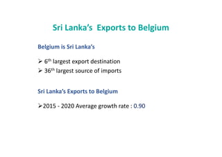 Sri Lankas Exports to Belgium
Belgium is Sri Lankas
? 6th largest export destination
? 36th largest source of imports
Sri Lankas Exports to Belgium
?2015 - 2020 Average growth rate : 0.90
 