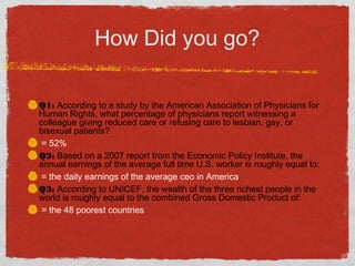 How Did you go?
Q1: According to a study by the American Association of Physicians for
Human Rights, what percentage of physicians report witnessing a
colleague giving reduced care or refusing care to lesbian, gay, or
bisexual patients?
= 52%
Q2: Based on a 2007 report from the Economic Policy Institute, the
annual earnings of the average full time U.S. worker is roughly equal to:
= the daily earnings of the average ceo in America
Q3: According to UNICEF, the wealth of the three richest people in the
world is roughly equal to the combined Gross Domestic Product of:
= the 48 poorest countries
 