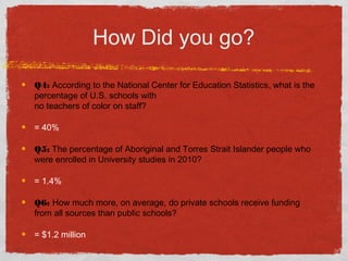 How Did you go?
Q4: According to the National Center for Education Statistics, what is the
percentage of U.S. schools with
no teachers of color on staff?
= 40%
Q5: The percentage of Aboriginal and Torres Strait Islander people who
were enrolled in University studies in 2010?
= 1.4%
Q6: How much more, on average, do private schools receive funding
from all sources than public schools?
= $1.2 million
 