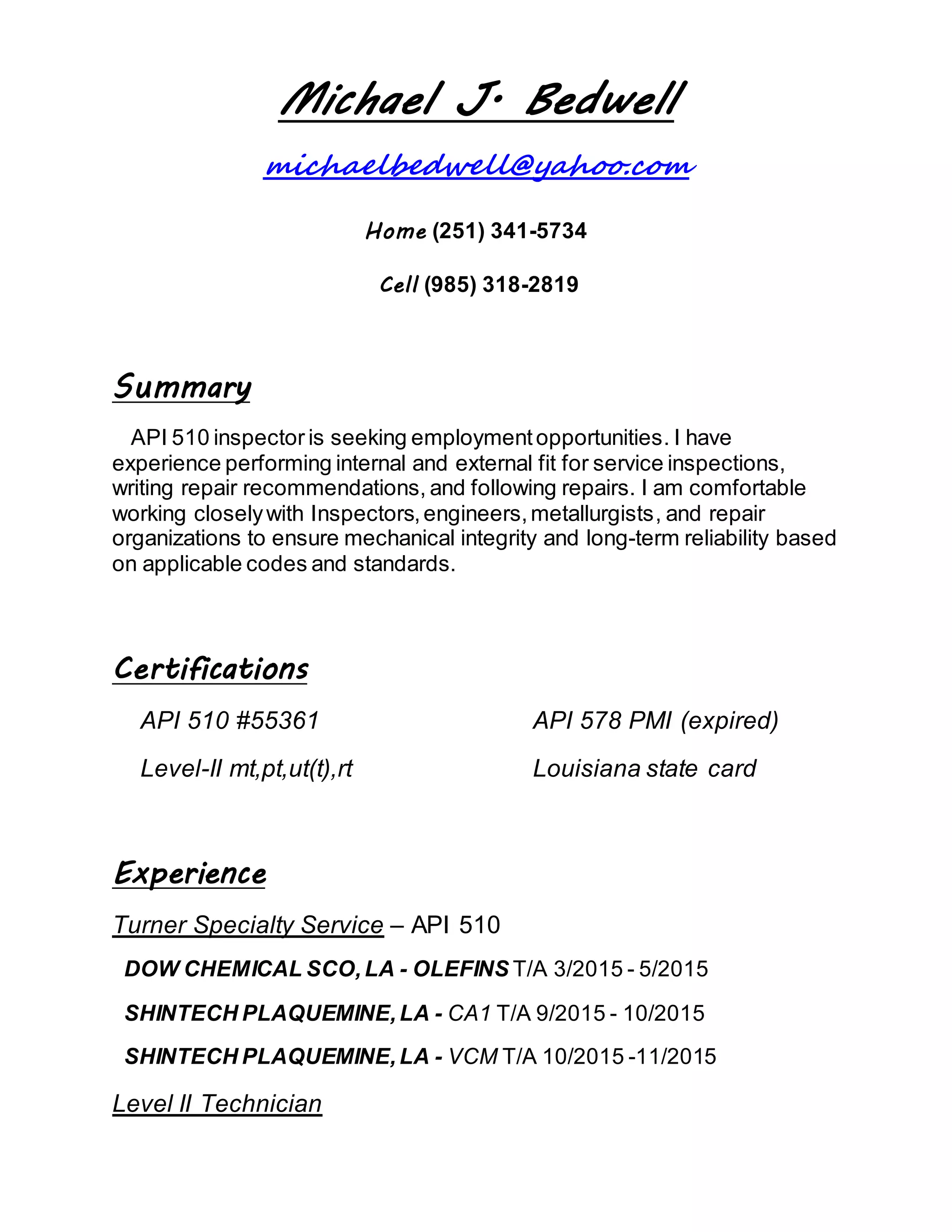 Mike Bedwell - resume detail | DOCX