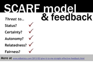 SCARF model
& feedbackThreat to…
Status?
Certainty?
Autonomy?
Relatedness?
Fairness?
More at www.edbatista.com/2013/02/give-it-to-me-straight-effective-feedback.html
 