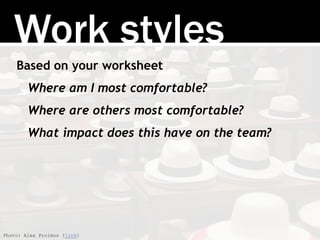 Work styles
Based on your worksheet
Where am I most comfortable?
Where are others most comfortable?
What impact does this have on the team?
Photo: Alex Proimos [link]
 