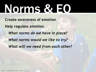 Norms & EQ
Create awareness of emotion
Help regulate emotion
What norms do we have in place?
What norms would we like to t...