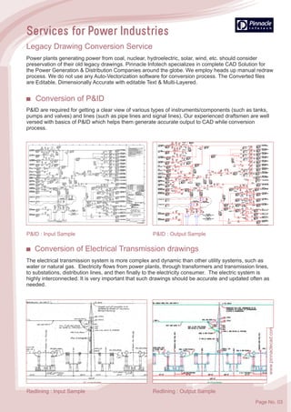 Conversion of P&ID
P&ID are required for getting a clear view of various types of instruments/components (such as tanks,
pumps and valves) and lines (such as pipe lines and signal lines). Our experienced draftsmen are well
versed with basics of P&ID which helps them generate accurate output to CAD while conversion
process.
P&ID : Input Sample P&ID : Output Sample
Legacy Drawing Conversion Service
Power plants generating power from coal, nuclear, hydroelectric, solar, wind, etc. should consider
preservation of their old legacy drawings. Pinnacle Infotech specializes in complete CAD Solution for
the Power Generation & Distribution Companies around the globe. We employ heads up manual redraw
process. We do not use any Auto-Vectorization software for conversion process. The Converted files
are Editable, Dimensionally Accurate with editable Text & Multi-Layered.
Conversion of Electrical Transmission drawings
The electrical transmission system is more complex and dynamic than other utility systems, such as
water or natural gas. Electricity flows from power plants, through transformers and transmission lines,
to substations, distribution lines, and then finally to the electricity consumer. The electric system is
highly interconnected. It is very important that such drawings should be accurate and updated often as
needed.
Redlining : Input Sample Redlining : Output Sample
www.pinnaclecad.com
Page No. 03
 